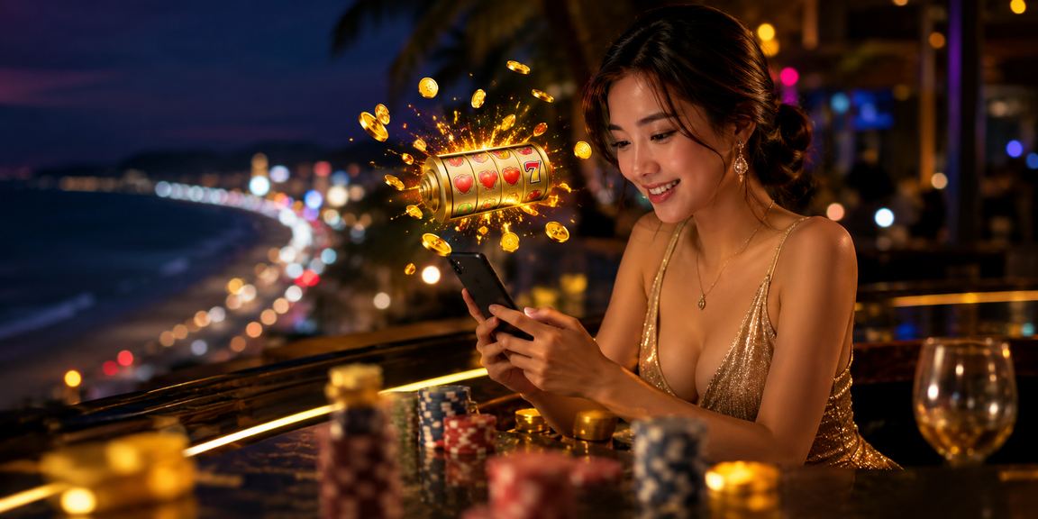 Người chơi tại bãi biển Mũi Né tham gia Slots tournament trên điện thoại di động